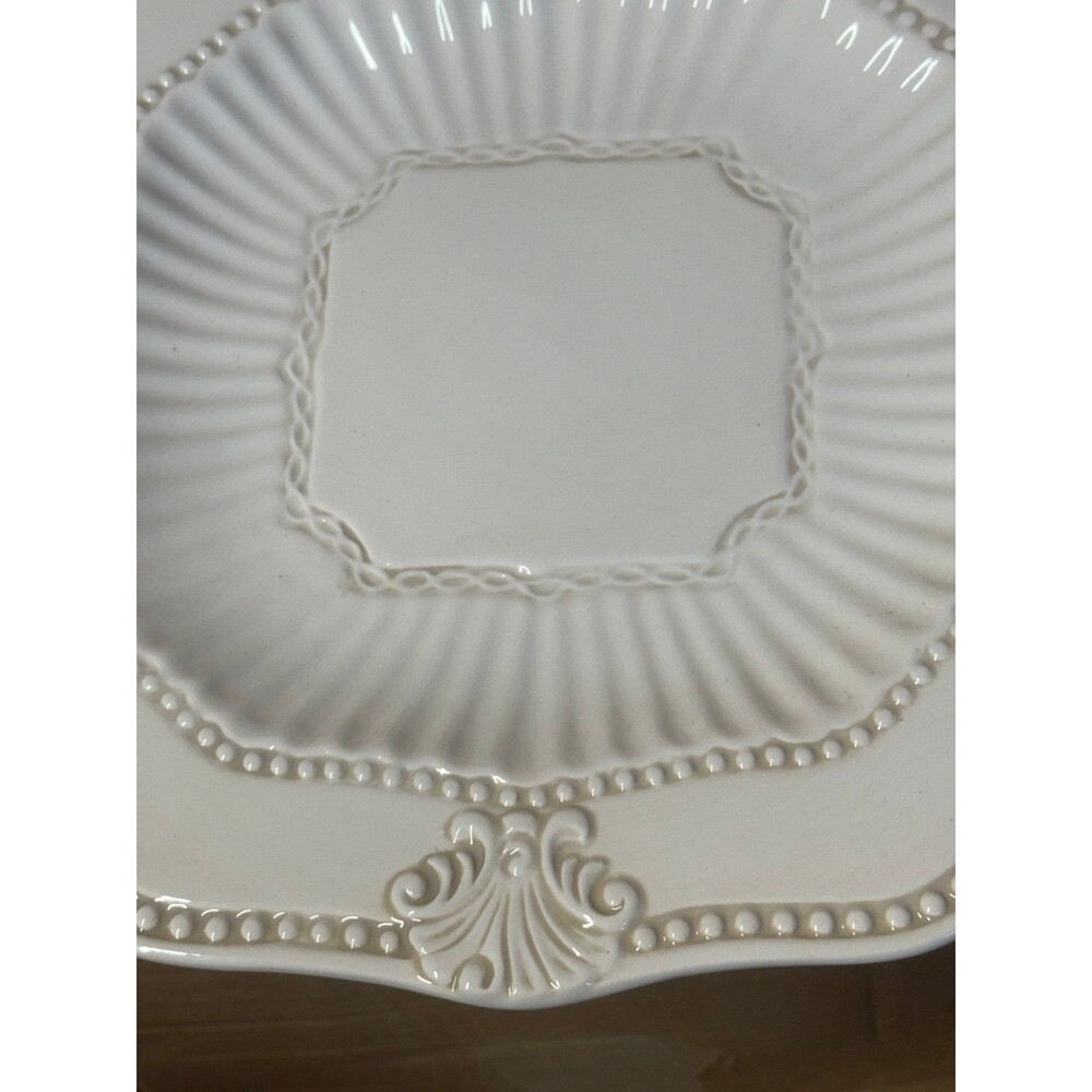 American Atelier Baroque White Stoneware Plate Set Embossed Bead & Shell Design - Picture 4 of 7